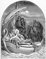 Der sterbende König Artus wird auf einem magischen Schiff mit drei Königinnen nach Avalon gebracht, 1901